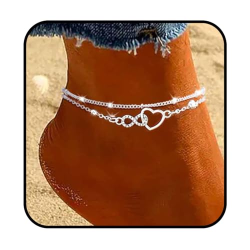 Yalice 14K Gold Ankle Bracelets for Women Layered Anklets 925 Sterling Silver Anklet Set Shiny Waterproof Ankle Chain Cross Beach Foot Jewelry Gifts (Silver-Heart)