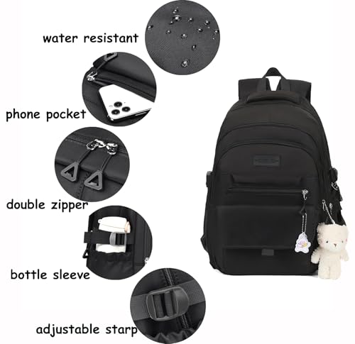 Image of PRLINJSK Girls Backpack for College High Middle School Student, Cute Aesthetic Bookbag for Teens Women with Accessories,Black
