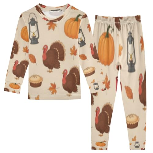Pajama Sets Long Sleeve Autumn Leaves Pattern with Turkeys Soft Comfy Sleepwear 2 Piece PJS 3-8T