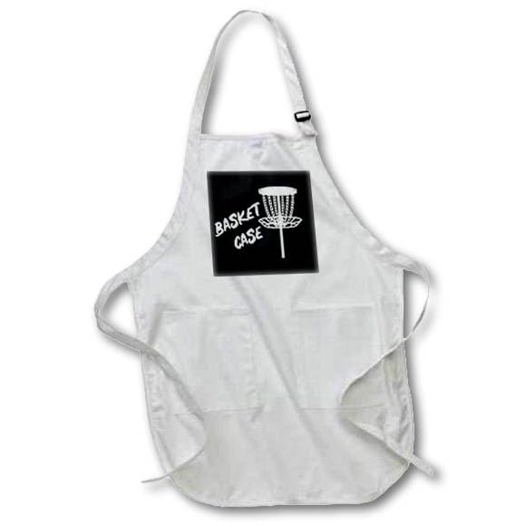 BLACK Full Length Apron with Pockets 22w x 30l - Basket case written near a white disc golf basket on black background. Stamp City - typography - disc golf