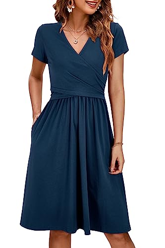 Image of OUGES Maternity Nursing Dress Breastfeeding Short Sleeve V Neck Casual Pregnancy Clothes with Pockets