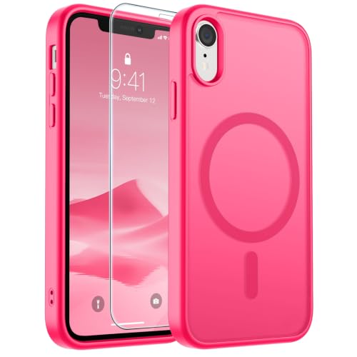 Image of SUPFINE Magnetic for iPhone XR Phone Case Hot Pink | With Screen Protector, Translucent Matte, Compatible with MagSafe, Military Grade Drop Proof, Rugged Shockproof Protective