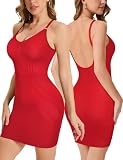 SLIMBELLE Backless Shapewear Slip for Women Under Dress Tummy Control Bodycon Adjustable Strap Round V Neck Body Shaper Red S