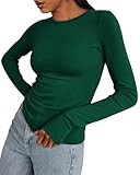 BTFBM Womens Tops 2025 Fall Outfits Long Sleeve Shirts Crewneck Work Blouses Stretchy Slim Fit Going Out Top Workout(Green, Medium)