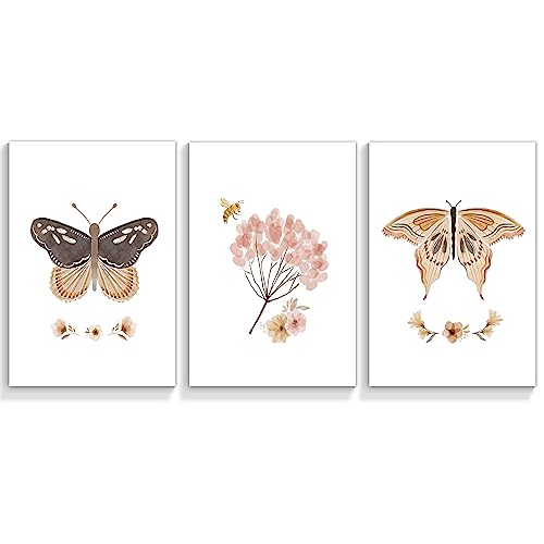 Colorful Spring Butterfly Canvas Wall Art Set Of 3 Vintage Watercolor Botanical Flower Aesthetic Posters Pink Boho Floral Prints Paintings Wall Decor For Baby Kids Nursery Bedroom 12X16In Unframed #TOP19