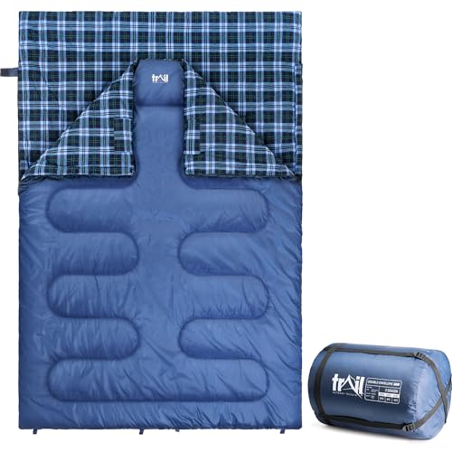 Trail Luxury Double Sleeping Bag, Cotton Flannel Lined, Double Layer Fill, 3 to 4 Season, Envelope Sleeping Bag with Compact Compression Bag, 2 x Adult, 220cm x 150cm (300gsm)