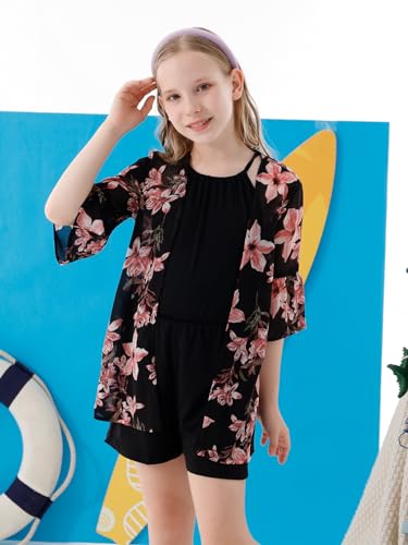 Image of GORLYA Girl's Floral Print Chiffon Beach Cardigan Cover ups Kids Casual Kimono Capes Swimsuit Wraps