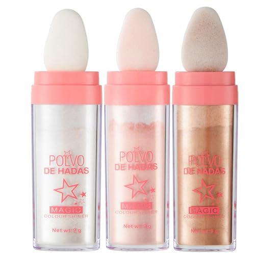 URQT 3 Color Polvo De Hadas Fairy Dust Highlight Patting Powder - Full Body Contouring and Clavicle Pearlescent Patting Powder for Face and Eye Halloween Sparkling Body Glitter Powder (Trio)