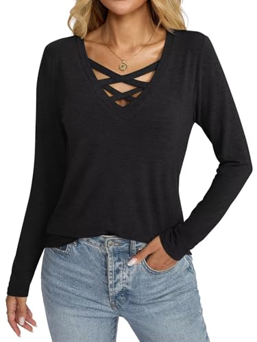Womens V Neck Long Sleeve Shirts Criss Cross Sexy Tops Casual Loose Fit Tee Going Out Fall Fashion Clothes 20253