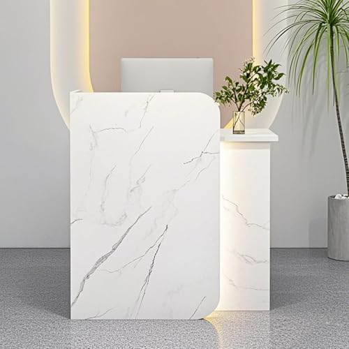 Moderno escritorio de recepción de madera, mesa pequeña para oficina y clínica, diseño simple, 60 x 45 x 100 cm, diseño de piedra blanca, muebles de recepción elegantes