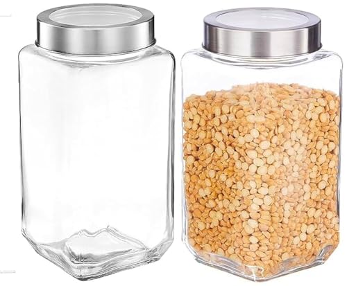 Image of Brezzycloud Piraml Glass Cubical Square 1 Ltr Transparent Glass Jars & Containers for Kitchen Pantry, Snacks, Masala, Honey, Jams, Pickles, Cookies, Coffee Beans Storage with Lid (1 Ltr, Set Of 2)