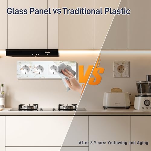 BSEED Schuko Steckdose 4 Fach Kristall Glas Platte Steckdose Glas Schuko Vierfach Steckdose 16Amp Steckdose 299mm Weiß Verlängerungssteckdosen Wandsteckdose