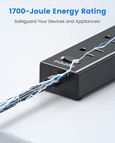 Hopow Flat Plug Power Strip, 6 Ft Ultra Thin Flat Extension Cord, Surge Protector With 5 Outlets & 3 Usb Ports (2 Usb C), 1700 Joules, Wall Mount, Desktop Charging Station For Home Office Dorm, Black #TOP5
