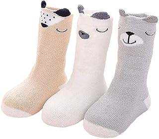 IBLUELOVER 3 Pairs Anti-Slip Baby Winter Socks Toddler High Terry Socks Boys Girls Thick Warm Cotton Socks Infant Cute Cartoon Cosy Bed Socks Newborn Boneless Grip Socks For Baby 6-36 Months