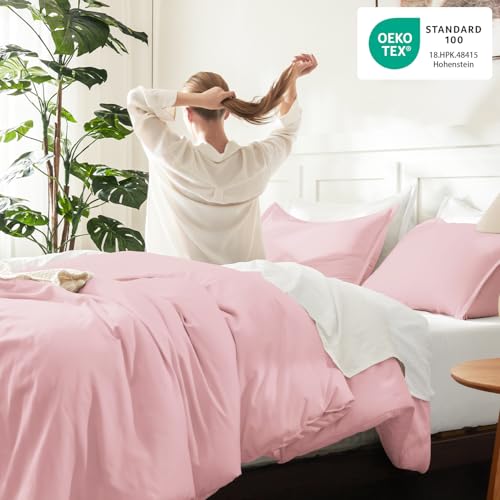Image of Litanika Pink Comforter Set Queen Size, 3 Pieces Lightweight Soft Fluffy Solid Bedding Set, All Season Bed Set (90x90In Comforter & 2 Pillowcases)