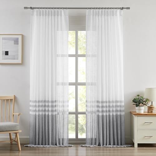 WEST LAKE Grey White Pinch Pleated Sheer Curtains 102 Inches Long,Color Block Drapes,Farmhouse Window Treatment for Bedroom Living Room,Back Tabs,Grey White,58" Wx102 L(Pack of 2)