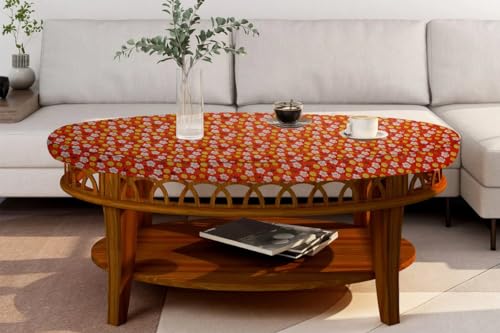 Image of The Furnishing Tree Elastic Oval Center Table Cover WxL 16x36 in Inches Polyester Mini Floral Pattern Orage