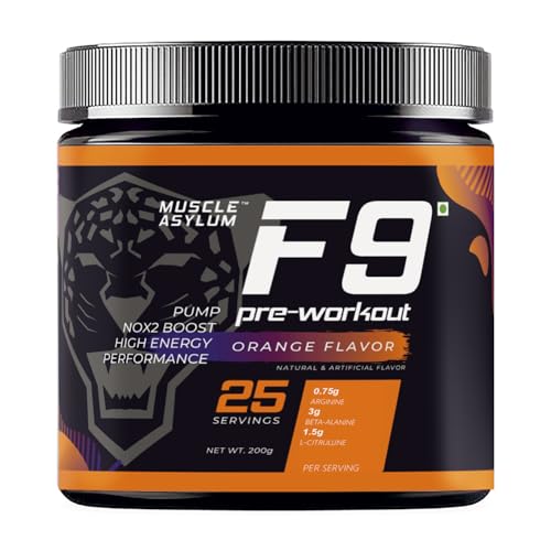 Image of Muscle Asylum F9 Pre-Workout - 25 Servings, 200gm (Orange Flavor) | Boosts Energy & Endurance | Improves Focus
