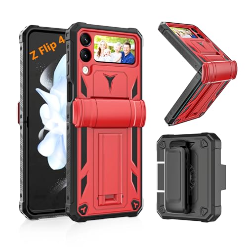 KJSK for Samsung Galaxy Z Flip 4 Case,Hinge Protection Belt Clip Holster and Built-in Kickstand, Military Grade Heavy Duty Shockproof Protective Phone Cover for Galaxy Z Flip 4 5G(Red)