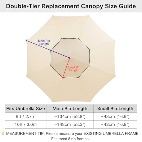 2 Tier Outdoor Patio Umbrella Replacement Canopy 8 Ribs, 9ft 10ft Cantilever Garden Umbrella Replacement Top Cover, Sun Shade Waterproof Fabric for Pool Backyard Market(Khaki,3.0m/10FT-8Ribs) - Thumbnail 6