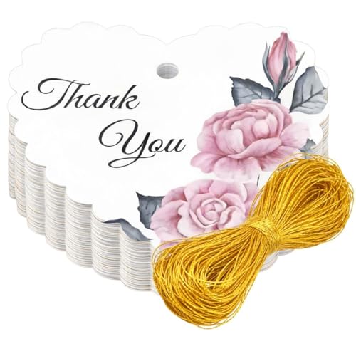 Image of CVANU Heart Shaped Thank You Tags 150-Pcs with Golden String, Floral Design Gift Tags for Wedding Favors| Birthday Party| Small Business Packaging (2.16x2.36 inch) D4