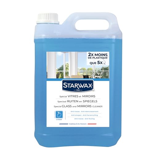STARWAX - Nettoyant Spécial Vitres et Miroirs - Dégraisse et Evite le Réencrassement - Haute Teneur en Alcool - Parfum Frais - Séchage Rapide - Anti-traces - Fabriqué en France - 5l