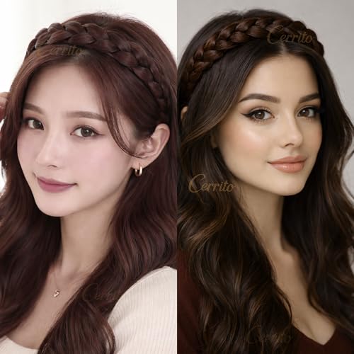 Image of Cerrito Synthetic Braided Hair Headband Set of 2 | Plaited Wig Band with Teeth Hairband For Woman | Elastic Headband For Extension, Ponytails, Bun & Juda | Hair Accessories for Women & Girls (Brown)