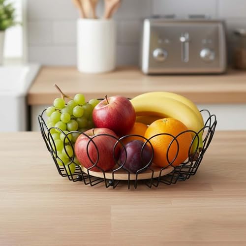 Image of Go Hooked Decorative Metal Wire Fruit Basket with Wooden Base for Home & Dining Table 10Inch | Open Wire Countertop Fruit Bowl for Vegetables, Snacks & Bread | Modern Home Decor Storage Basket (VM15D)
