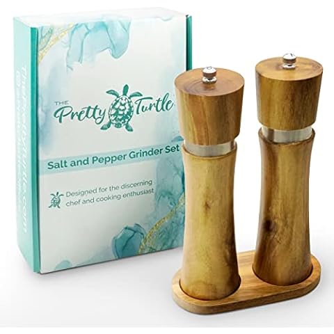 The Pretty Turtle Wooden Salt and Pepper Grinder Set With Holder Made of Premium Acacia Wood Refillable Enviro Friendly (Natural Acacia, 6") Cover