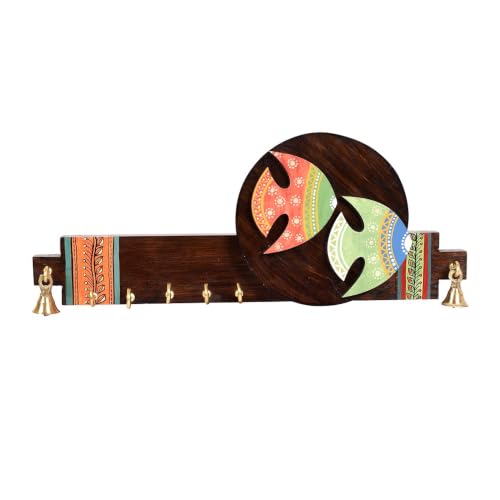 Image of AAKRITI ART CREATIONS Key Holder, Handcrafted Madhubani Fish Key Hanger | Rustic Wood Wall Organizer with 5 Hooks | New Home Gifts | Multifunctional Entryway Decor Item