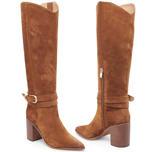 WIRALOMI Knee High Boots for Women Brown Buckle Boots with Side Zipper Pointed Toe Chunky High Heel Suede Boots,11 — view 5