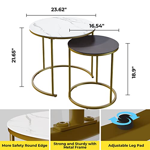 Moncot Modern Nesting Round Coffee Tables Set Of 2 Tempered Glass Faux Marble Finished Texture & Dark Gray Finish Top Waterproof Outdoor And Indoor Nested End Tables, Stacking Table, Et219Ab-Wg #TOP1