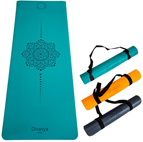 DIVASYA Premium Yogamatte: rutschfester Naturkautschuk & japanische professional grip Oberfläche (max. rutschfest), extra-breit, extra-dick (185x68x0,45cm), Tragegurt & Strap