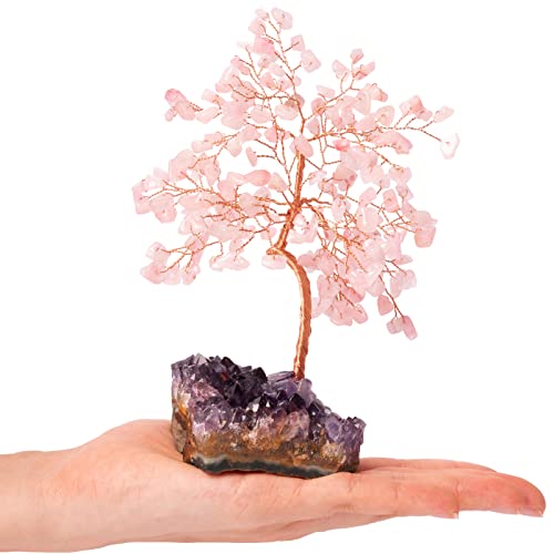 Bundle Of Two: One Feng Shui Rose Quartz Bonsai Tree 14" Tall With Lucky Coins Chain, One Rose Quartz Tree On Amethyst Quartz Base With Wooden Grid Plate #TOP5