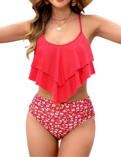 Image of Edelqual Bikini Sets for Women High Waisted Tummy Control Bathing Suit | 2 Piece Swimsuit,Double-layer Ruffled Top,Adjustable Spaghetti Straps,Crisscross Tie Back,Quick-Dry,Color Print,Beach & Pool
