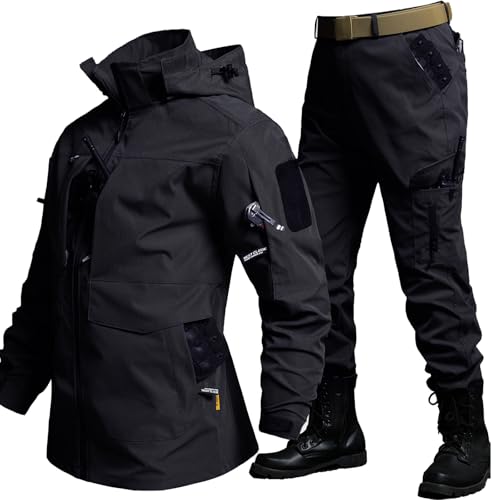 [Ｋａｙｉｙａｓｕ] 作業着 上下セット メンズ ウインドブレーカー 春服 耐久防水 防風 防寒着 保温 大きいサイズ フード付き 取り外し可能 多ポケット 登山ジャケット 釣り バイク アウトドア かっこいい 春秋冬 (L ブラック)の画像