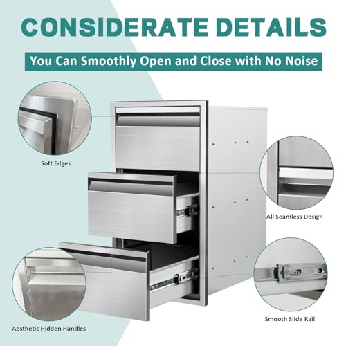 Image of Outdoor Kitchen Drawers 14 inch W x 25.4 inchH x 21 inchD Stainless Steel Drawer BBQ Triple Drawers with Hidden Handle for Outdoor Kitchen Island, Patio Grill Station