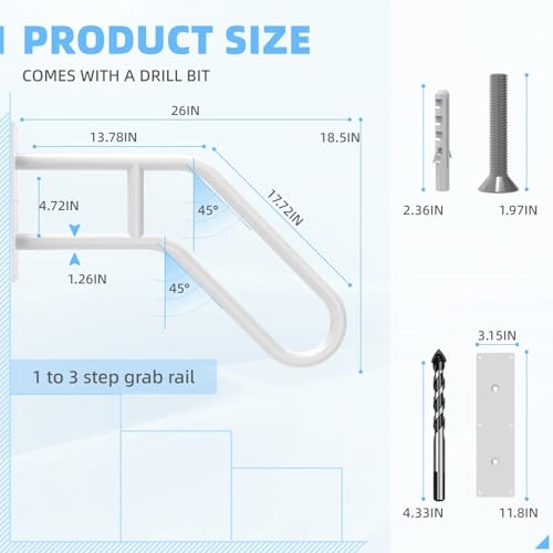 YEOOE Wandhalterung Handlauf Treppe, U-förmiger Handgeländer für 1 bis 3 Stufen, Treppengeländer für Garten, Garage, Toilette, Veranda, Innen und Außen (66 cm, Weiß)