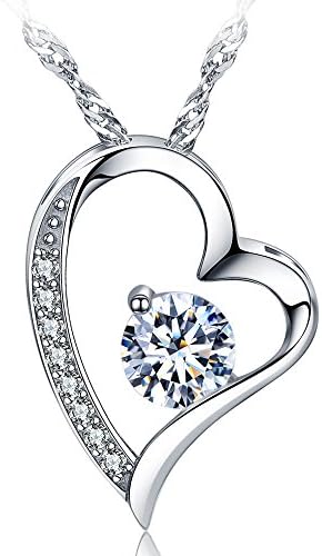 sephla Heart Necklace 14K White Gold Plated Round Cut Cubic Zirconia Forever Lover Heart Pendant Necklace for Women Girls, Metal, Cubic Zirconia