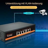 4 Port PoE Switch, 2 Uplink, 4 PoE+ Port 100Mbps, IEEE 802.3af/at, Eingebautes Metallgehäuse mit VLAN Funktion über 250 Meter, Lüfterloses Design – Ansicht 3