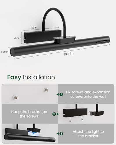 Bridika Picture Light Battery Operated, 19.7in Picture Lights for Wall, 3 Colors & Brightness Dimmable, Rechargeable Art Light for Paintings Photo Dartboard Gallery Bedroom Bathroom Black