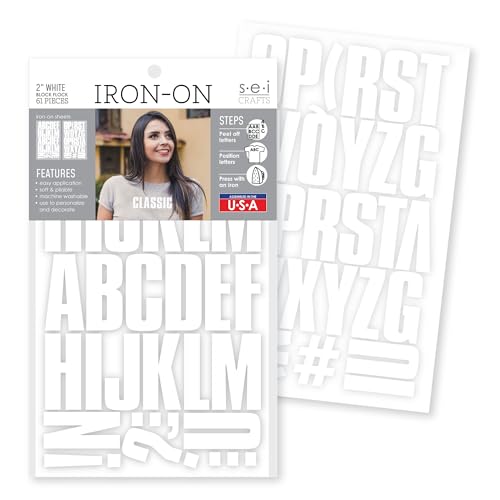 S.E.I 61 Pieces Iron-On Letters: 2 Inch Small Iron-On Letters for Clothing, Block Fabric Letters for T-shirts, Jerseys, & More (Block Flock, White)