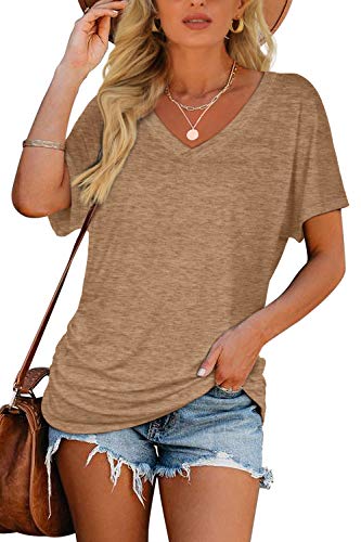 Image of WIHOLL Womens Summer T-Shirts Short Sleeve V Neck Dolman Tops with Side Shirring Loose Fit Shirts Spring Fashion