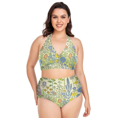 Bikini grande taille masquant le ventre avec haut licou confortable fleur