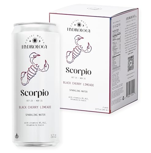 Hydrology Zodiac Water - Scorpio Black Cherry Limeade - Organically Flavored Social Sparkling Water with unique Vitamins and Minerals tailored to the Scorpio Zodiac Sign, Astrology Drink for Birthday Gift (4-Pack, Scorpio - Black Cherry Limeade)