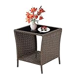 Elepude Outdoor Side Table Wicker Rattan Side Tables, End Table for Patio with Glass Top Rattan Storage for Patio Courtyard Balcony