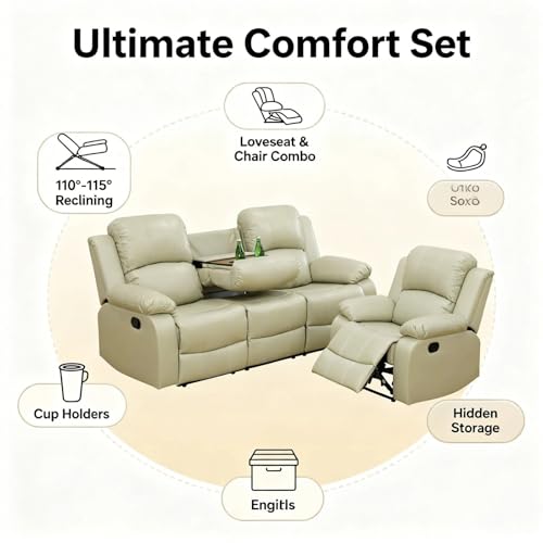 Image of Leather Manual Recliner Sofa Set, Adjustable Backrest Reclining Loveseat Sofa with Convertible Middle Coffee Table, Living Room Furniture Set, Recliner Chair for House, Home Theater, Beige