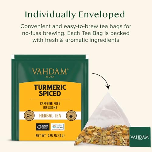 Image of VAHDAM, Turmeric Spice Herbal Tea Bags (30 Count) Caffeine Free, Non GMO, Gluten Free | 100% Pure Herbal Tisane - Savory & Spicy | Individually Wrapped Pyramid Tea Bags | Direct from Source