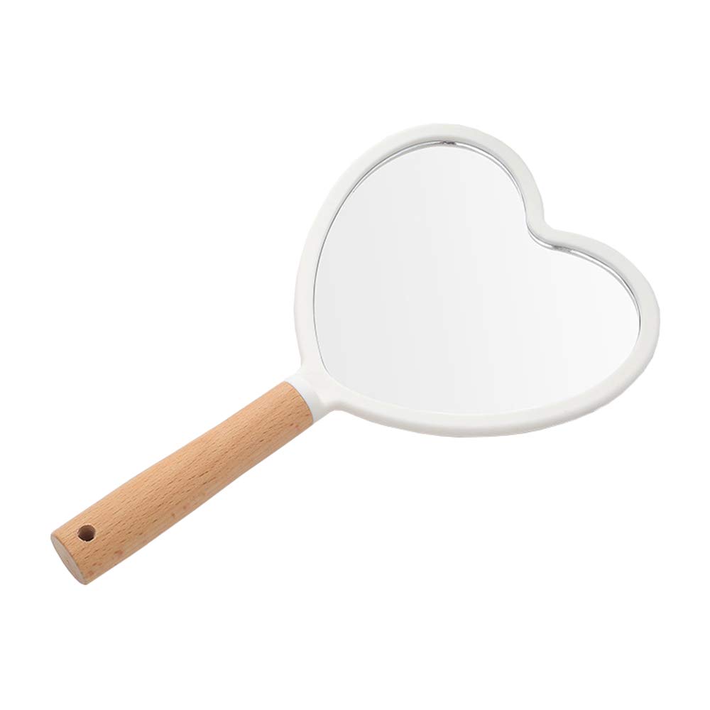 Espejo de mano portátil de madera espejo de maquillaje espejo de mano con mango espejo de maquillaje de viaje (corazón blanco)