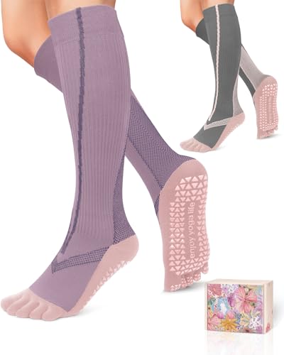 Compression Socks for Women with Grips, Non Slip Grippy Socks Woman, 15-20mmHg Graduated Support Knee High Five Toe Socks for Yoga, Athletic, Long Pilates Socks, Pregnancy Compression Socks gifts